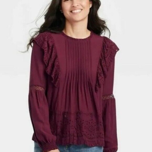 Knox Rose Burgundy Eyelet Lace Long Sleeve Top XL G3 - Picture 1 of 8